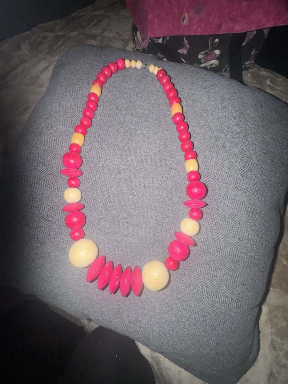 Vintage Chunky Wooden Bead Necklace Pink And Natural Barrel Clasp